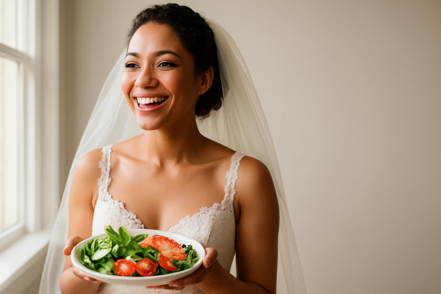 Confident bride with healthy snacks, embodying wedding diet tips for radiant preparation.
