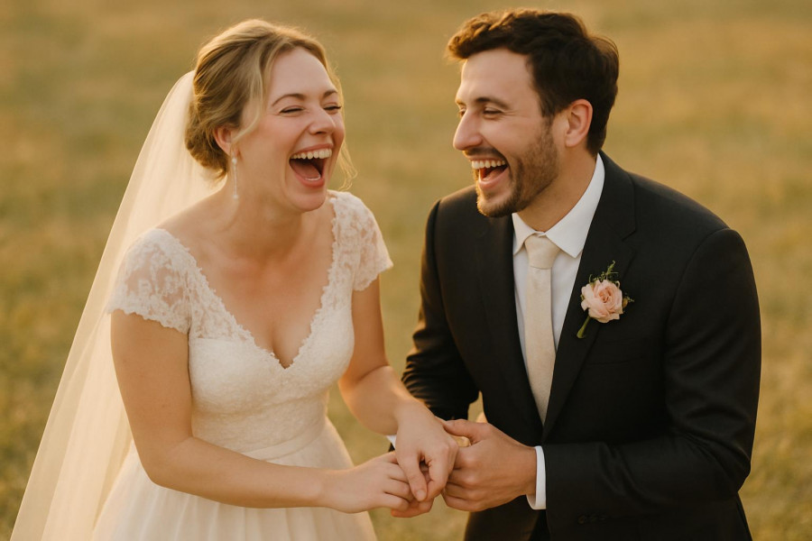 Joyful bride and groom sharing a laugh, embodying unique wedding ideas in soft daylight.