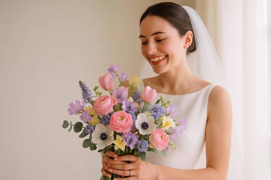 Joyful bride showcasing spring florals in vibrant wedding bouquet.