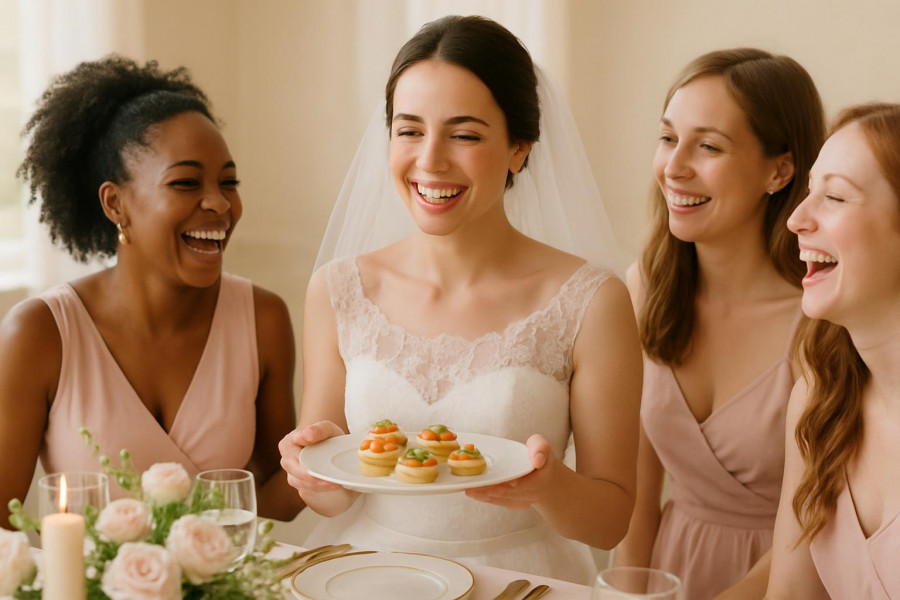 Smiling bride with friends enjoying elegant finger foods at a bridal shower.