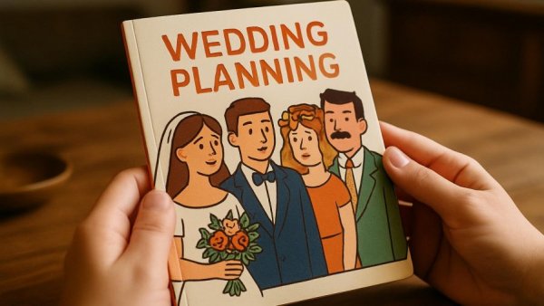 Wedding planning archetype booklet with cartoon figures, soft lighting.