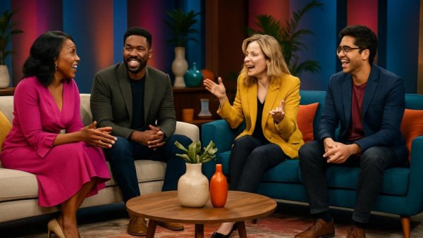 TV talk show: modern wedding ring styles discussion.