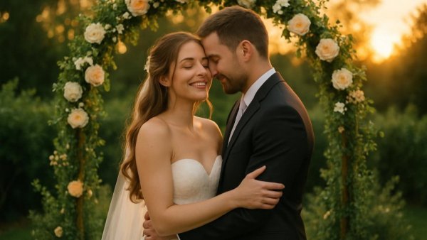 Romantic wedding embrace at sunset in Louisville, Kentucky.