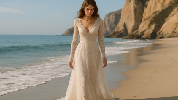 Beach wedding dresses: Woman in lace gown on sandy shore.