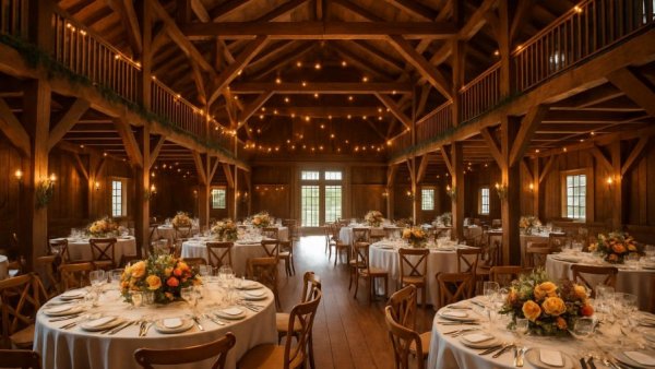 Rustic barn wedding venue set for dinner showcasing 3D architectural visualization services.