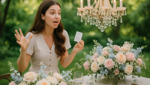 Woman discussing wedding color palettes amidst floral setting.