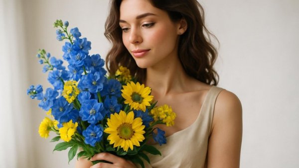 Elegant woman holding a vibrant blue and yellow flower bouquet, showcasing color psychology in wedding flowers.