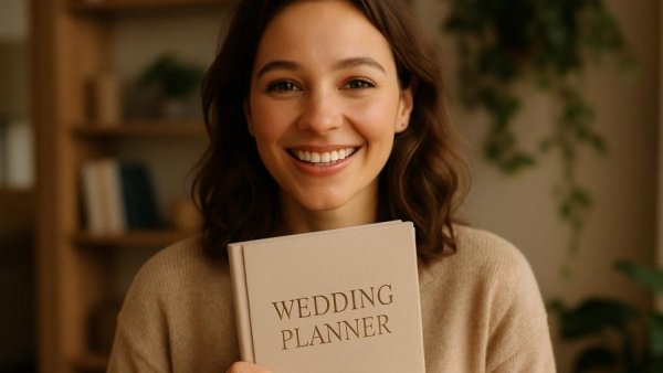 Young woman with a wedding planning book, wedding welcome kit ideas.
