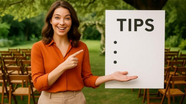 Woman sharing a money-saving tip in outdoor wedding setting, new approach to wedding planning.