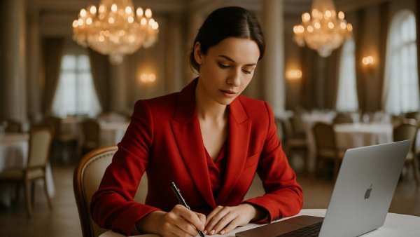 Woman planning wedding with laptop and notes in elegant hall.
