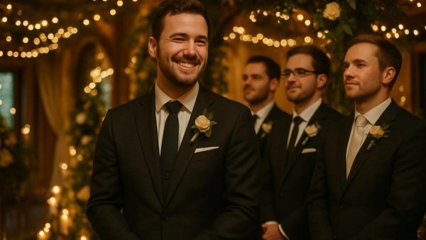 Groom at a unique Norwich wedding venue with groomsmen and festive decor.