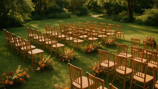 Micro Mountain Wedding Northern California outdoor setup with chairs and flowers.