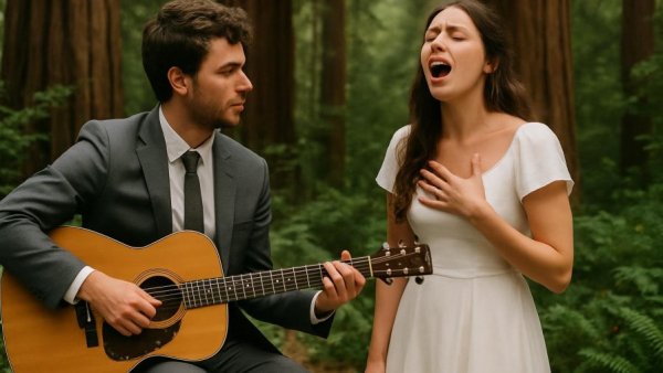 Redwood National Park wedding with musical couple under trees.