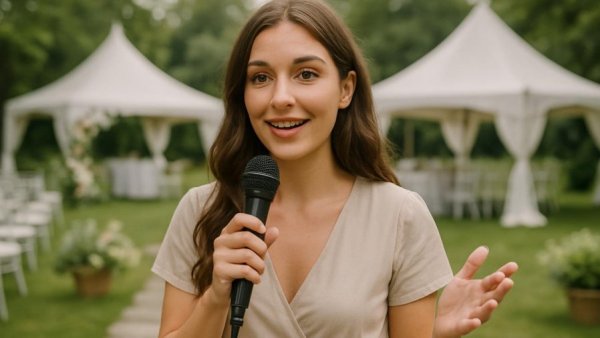 Young woman sharing tent weddings tips in a garden setting.