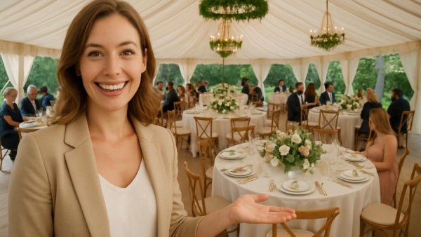 Smiling woman presenting tips for budget-friendly tent wedding.