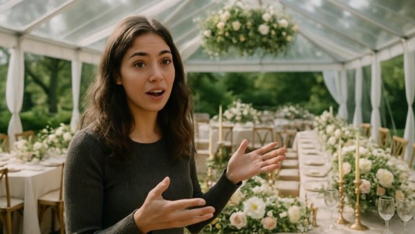 Young woman discussing tent wedding decoration in a garden setup.