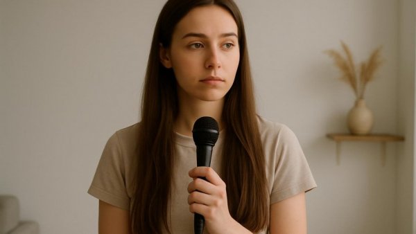 Young woman thoughtfully holding microphone, elevated wedding inspiration.