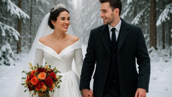 Elegant winter wedding with princess wedding dress in snowy forest.