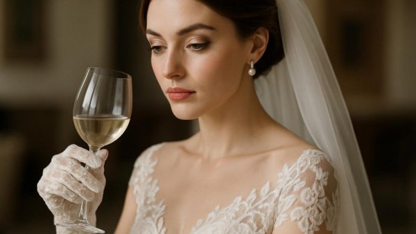 Chic Bridal Ideas: Elegant bride with wine glass and pearl earrings.