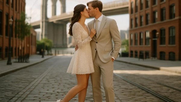 Elegant couple kissing on a cobblestone street in short wedding dress.
