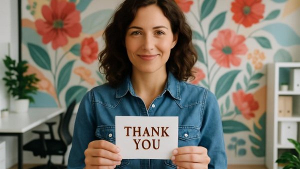 Woman holding thank you letter in modern office with floral decor.
