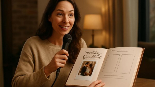 Creative Wedding Guestbook Ideas presented by woman in cozy setting.