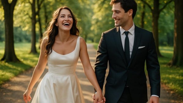 Radiant bride in satin wedding dress walking in a lush park.