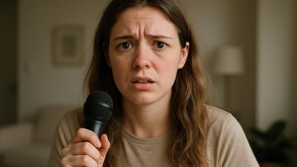 Confused young woman holding microphone indoors, soft lighting.