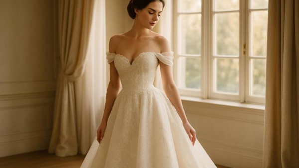 Elegant bride in unique wedding dress posing by large window.