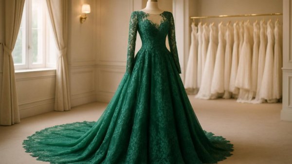 Elegant green wedding dress with lace in bridal boutique.