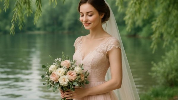Elegant bride in a pink wedding dress by a lakeside