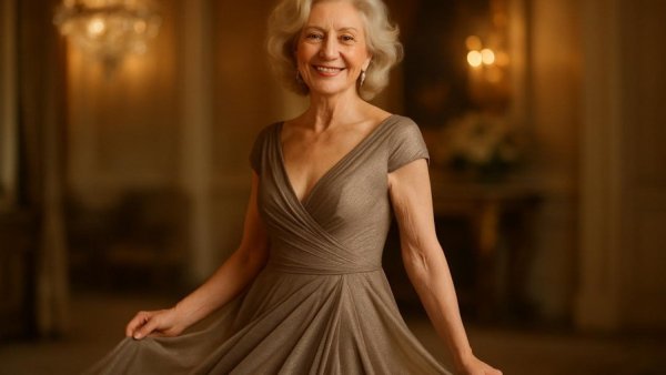 Elegant rehearsal dinner dress for mom, posing gracefully indoors.