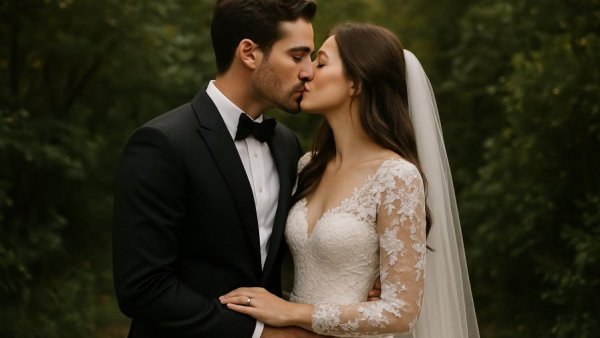 Couple kissing during micro wedding in a lush outdoor setting