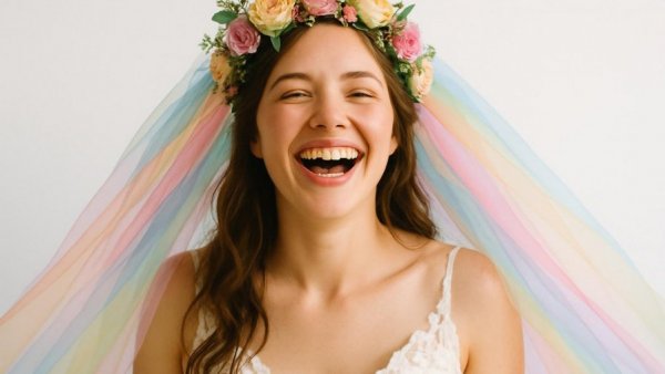 Bride with colorful veil showcasing custom wedding apparel for bridal parties.