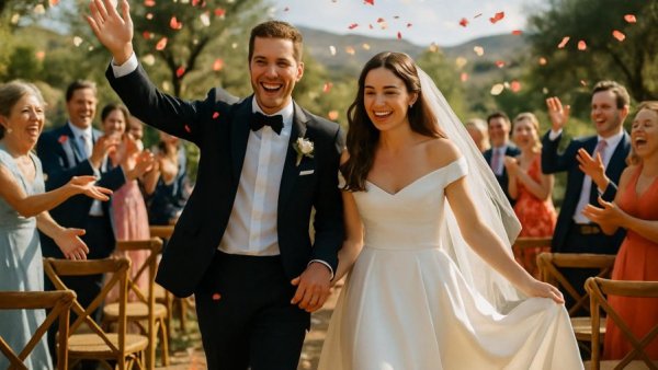 Luxury Island Wedding in Crete: joyful newlyweds showered with petals.
