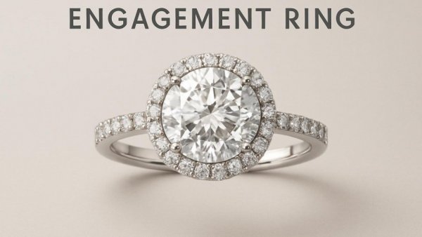 Modern engagement ring design with diamond halo, price guide text.