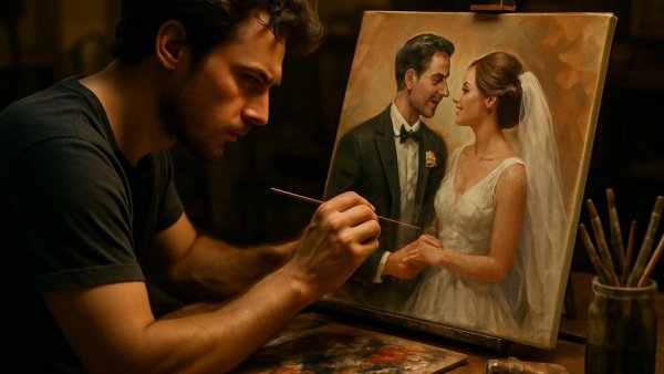 Wedding couple illustration being painted, creative process indoors.