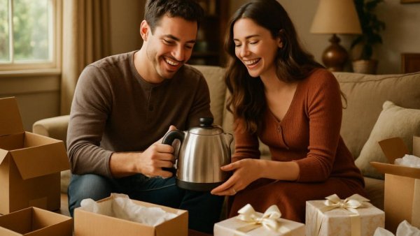Couple organizing gifts in cozy living room for post-wedding tasks.