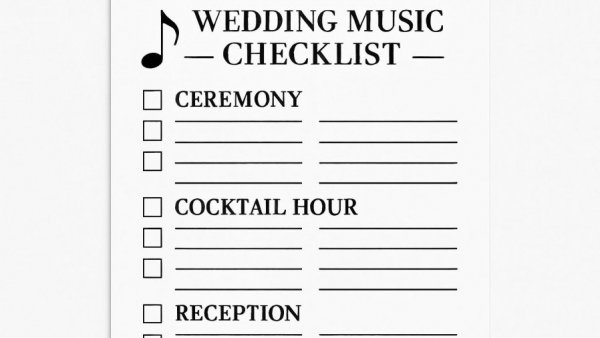 Wedding Music Checklist design with musical notes and category grids.