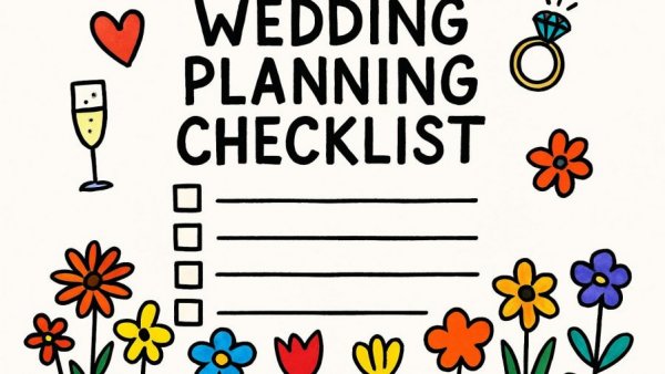 Ultimate Wedding Checklist infographic with floral illustrations