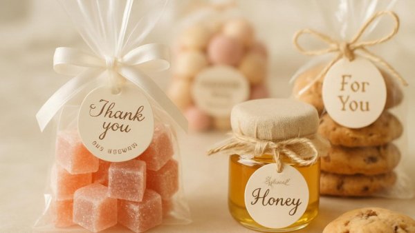 Assorted edible wedding favors arranged elegantly on a table.