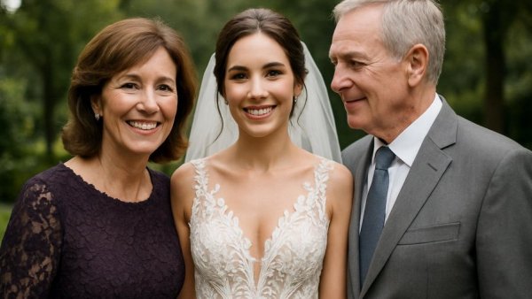 Mother of the bride in a purple dress, joyful family moment.