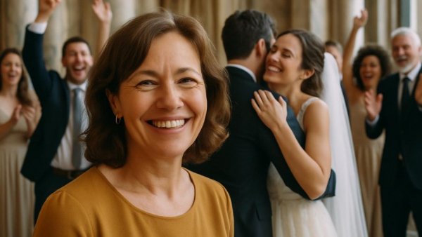 Smiling woman amidst joyful wedding celebration, Stretch Your Wedding Budget.