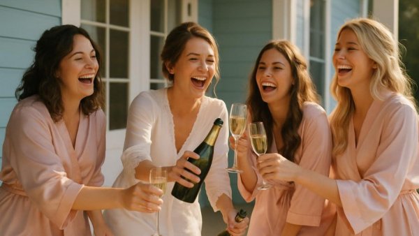 Bridesmaids in soft pink robes laughing with champagne