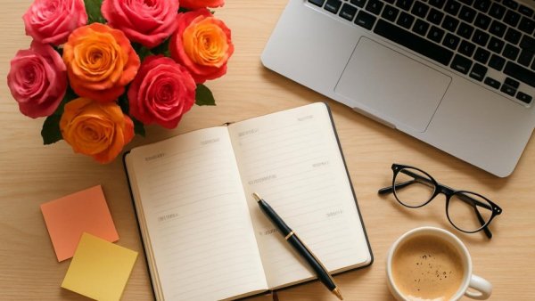 Wedding planner books for engaged couples amongst roses and coffee.
