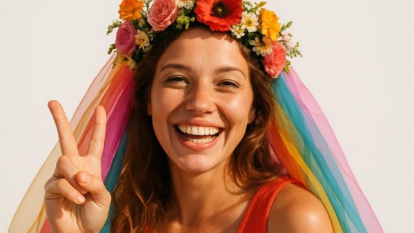 A joyful bride demonstrates vibrant DIY curtain ideas with a colorful veil.