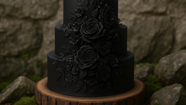 Extravagant wedding cakes, black floral cake with rustic backdrop.