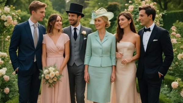 Elegant wedding guests showcasing diverse dress codes in a garden setting.