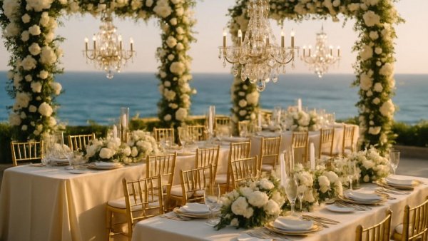Luxury wedding in Cannes 2026 with lavish decorations.