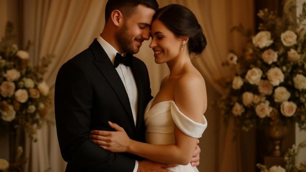 Elegant couple at micro wedding venue for intimate ceremony.